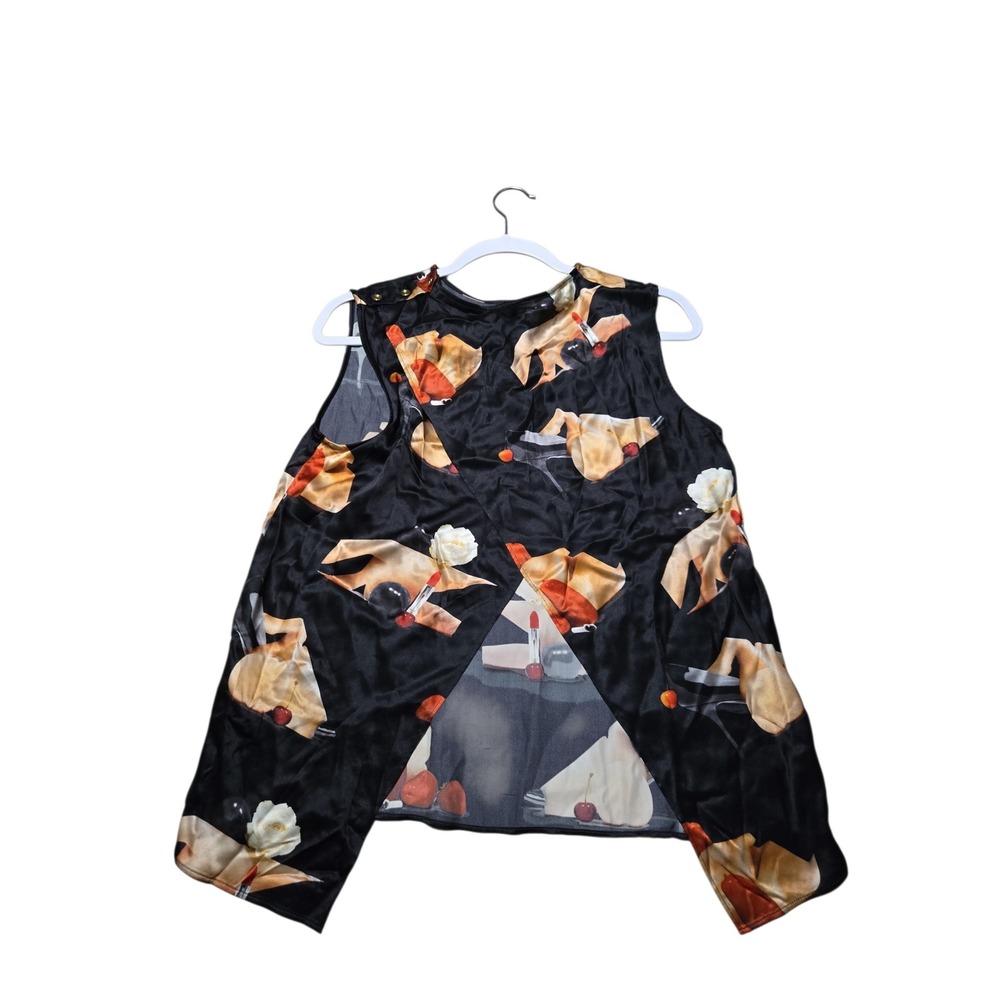 Acne Studios Clair‎ PR Satin Silk Graphic Print Split Back Top Black Size 36 - Picture 3 of 10